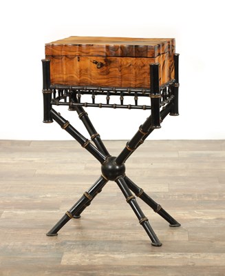 Lot 203 - AN EARLY 19TH CENTURY INDIAN COROMANDEL, IVORY AND EBONISED FITTED WORK BOX ON LATER STAND