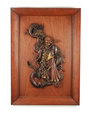 Lot 213 - A FINE JAPANESE MEIJI PERIOD RELIEF CARVED HARDWOOD, STONE AND MIXED METAL HANGING WALL PLAQUE