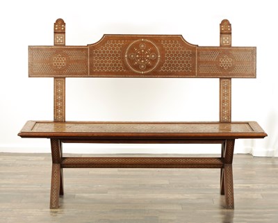 Lot 143 - A LATE 19TH CENTURY ANGLO INDIAN SANDEL WOOD AND BONE MARQUETRY HALL BENCH