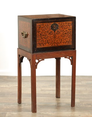 Lot 171 - AN 18TH CENTURY ANGLO PORTUGUESE ROSEWOOD AND FLORAL MARQUETRY INLAID CABINET ON LATER STAND