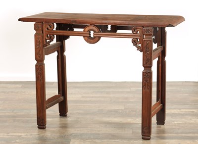 Lot 269 - A 19TH CENTURY CHINESE CARVED HARDWOOD ALTAR TABLE WITH TRIPLE BURR PANELLED TOP