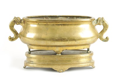 Lot 98 - AN EARLY GILT BRONZE CHINESE OVAL CENSER ON STAND