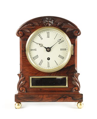 Lot 1086 - A MID 19TH CENTURY ROSEWOOD TIMEPIECE MANTEL CLOCK OF SMALL SIZE