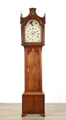 Lot 1180 - GEORGE BROWN BEVERLEY. A LATE GEORGE III FIGURED OAK PAINTED DIAL MOON ROLLER LONGCASE CLOCK