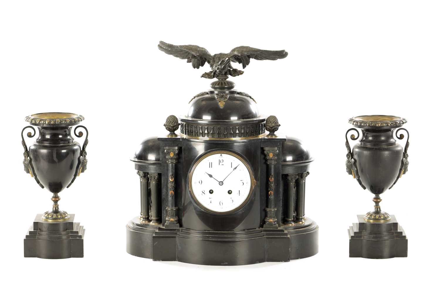Lot 1134 - A 19TH CENTURY FRENCH SLATE AND ORMOLU MOUNTED THREE-PIECE CLOCK GARNITURE
