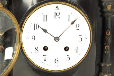 Lot 1134 - A 19TH CENTURY FRENCH SLATE AND ORMOLU MOUNTED THREE-PIECE CLOCK GARNITURE