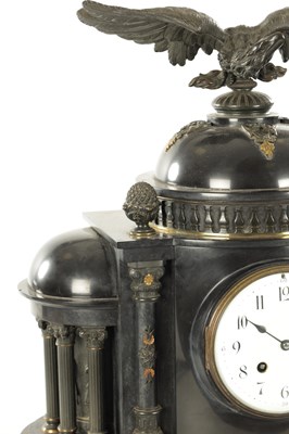 Lot 1134 - A 19TH CENTURY FRENCH SLATE AND ORMOLU MOUNTED THREE-PIECE CLOCK GARNITURE