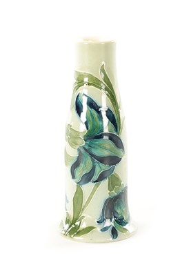 Lot 32 - A WILLIAM MOORCROFT CELADON 'SPANISH' MINIATURE SLENDER POSY VASE