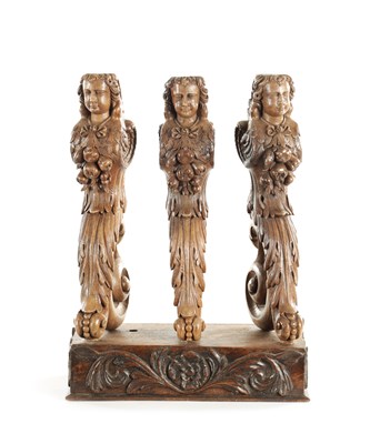 Lot 961 - A SET OF THREE 17TH CENTURY CARVED WALNUT ITALIAN CARYATID COLUMNS