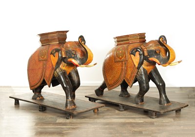 Lot 107 - A GOOD PAIR OF LARGE SIZED 19TH CENTURY INDIAN CARVED WOOD AND LACQUERED ELEPHANTS