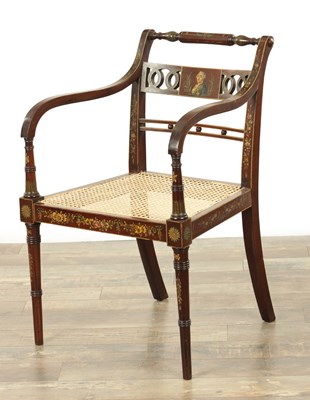 Lot 1303 - A GEORGE III PAINTED MAHOGANY BERGERE OPEN ARMCHAIR