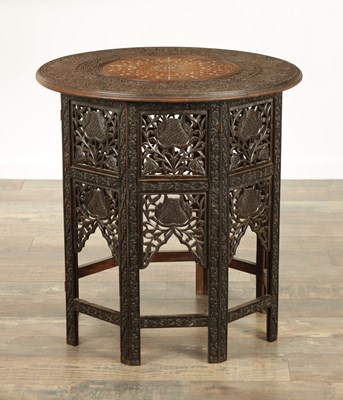 Lot 210 - A 19TH CENTURY ANGLO INDIAN CARVED HARDWOOD AND IVORY INLAID OCCASIONAL TABLE