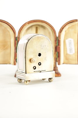 Lot 1108 - AN EARLY 20TH CENTURY CASED MINIATURE SWISS SILVER AND GUILLOCHE ENAMELLED BOUDOIR ALARM CLOCK