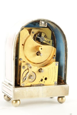 Lot 1108 - AN EARLY 20TH CENTURY CASED MINIATURE SWISS SILVER AND GUILLOCHE ENAMELLED BOUDOIR ALARM CLOCK