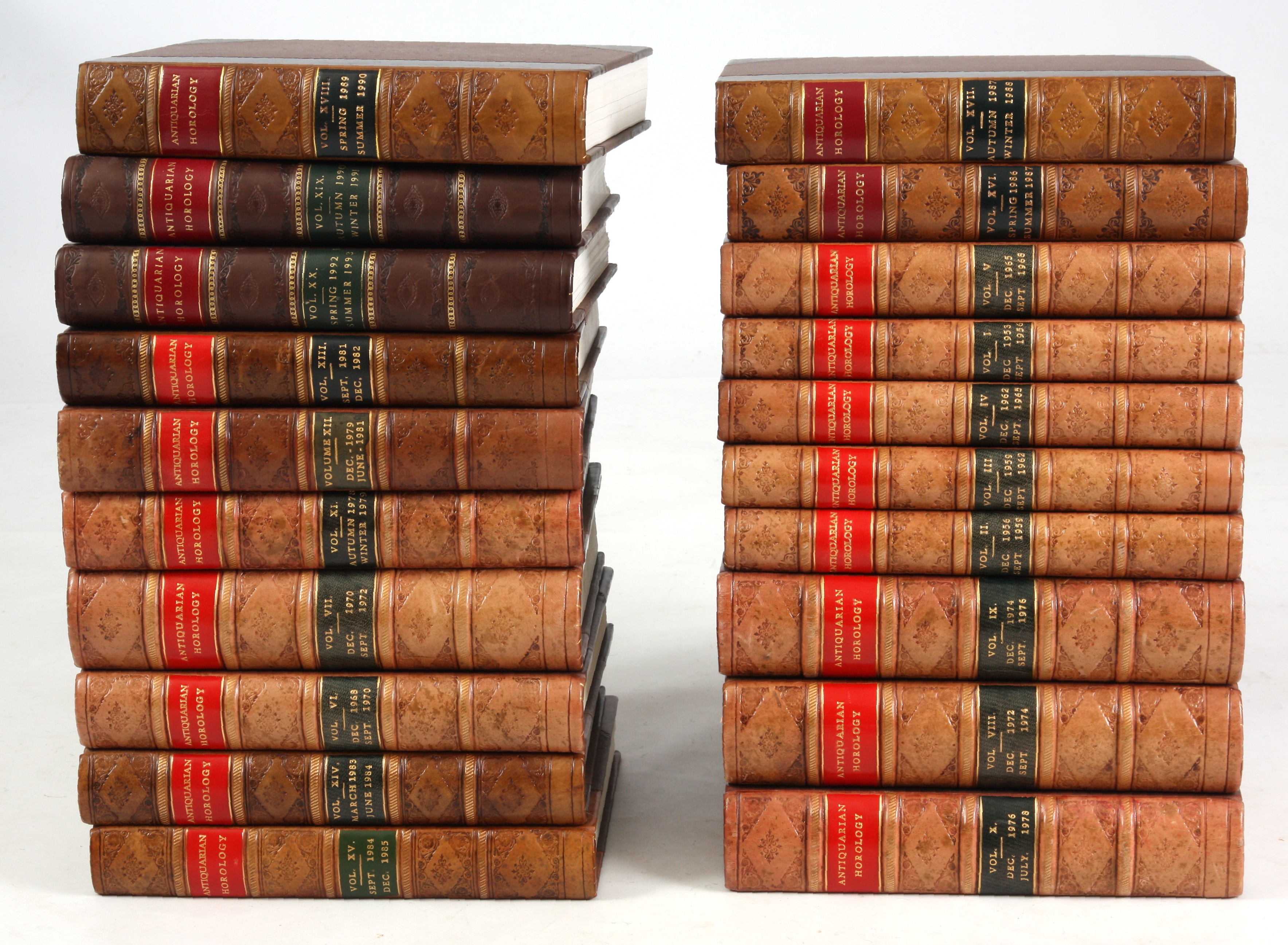 Set of twenty leather-bound antiquarian horology books sold by Hutchinson Scott