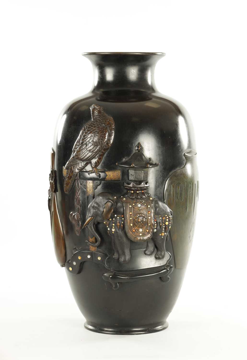 Lot 225 - A LARGE MEIJI PERIOD JAPANESE PATINATED BRONZE AND MIXED METAL HALL VASE