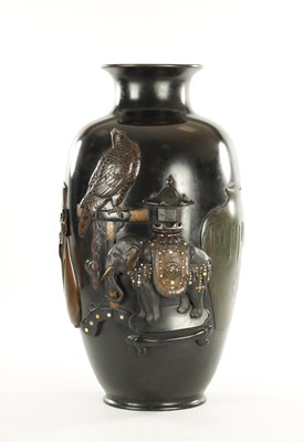 Lot 225 - A LARGE MEIJI PERIOD JAPANESE PATINATED BRONZE AND MIXED METAL HALL VASE