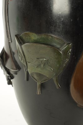 Lot 225 - A LARGE MEIJI PERIOD JAPANESE PATINATED BRONZE AND MIXED METAL HALL VASE