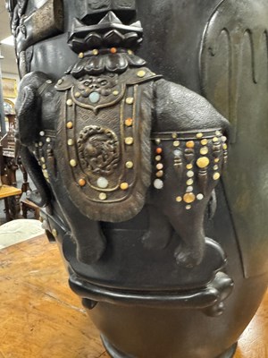 Lot 225 - A LARGE MEIJI PERIOD JAPANESE PATINATED BRONZE AND MIXED METAL HALL VASE