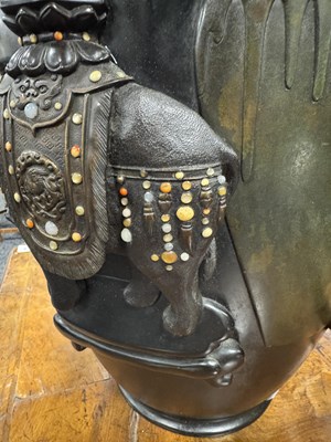 Lot 225 - A LARGE MEIJI PERIOD JAPANESE PATINATED BRONZE AND MIXED METAL HALL VASE