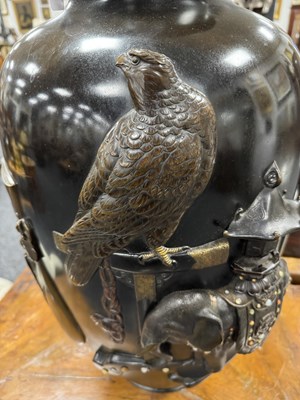 Lot 225 - A LARGE MEIJI PERIOD JAPANESE PATINATED BRONZE AND MIXED METAL HALL VASE