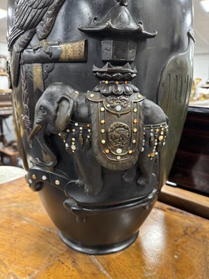 Lot 225 - A LARGE MEIJI PERIOD JAPANESE PATINATED BRONZE AND MIXED METAL HALL VASE