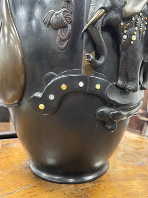 Lot 225 - A LARGE MEIJI PERIOD JAPANESE PATINATED BRONZE AND MIXED METAL HALL VASE
