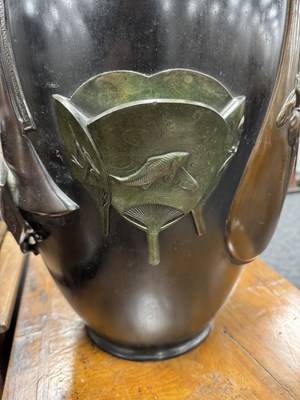 Lot 225 - A LARGE MEIJI PERIOD JAPANESE PATINATED BRONZE AND MIXED METAL HALL VASE