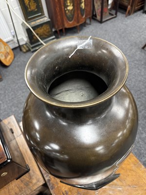 Lot 225 - A LARGE MEIJI PERIOD JAPANESE PATINATED BRONZE AND MIXED METAL HALL VASE