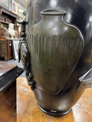 Lot 225 - A LARGE MEIJI PERIOD JAPANESE PATINATED BRONZE AND MIXED METAL HALL VASE