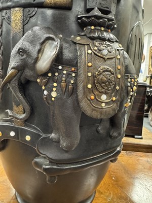 Lot 225 - A LARGE MEIJI PERIOD JAPANESE PATINATED BRONZE AND MIXED METAL HALL VASE