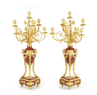 Lot 791 - A FINE PAIR LOUIS XVI STYLE ORMOLU NAD ROUGE MARBLE SIX BRANCH CANDELABRA