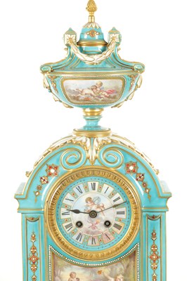 Lot 1106 - A 19TH CENTURY SERVES STYLE FRENCH PORCELAIN AND ORMOLU THREE-PIECE CLOCK GARNITURE