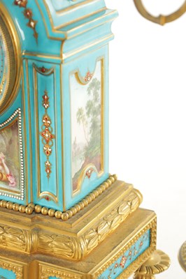 Lot 1106 - A 19TH CENTURY SERVES STYLE FRENCH PORCELAIN AND ORMOLU THREE-PIECE CLOCK GARNITURE