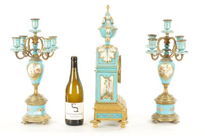Lot 1106 - A 19TH CENTURY SERVES STYLE FRENCH PORCELAIN AND ORMOLU THREE-PIECE CLOCK GARNITURE