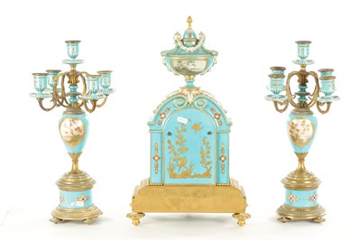 Lot 1106 - A 19TH CENTURY SERVES STYLE FRENCH PORCELAIN AND ORMOLU THREE-PIECE CLOCK GARNITURE