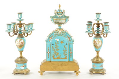 Lot 1106 - A 19TH CENTURY SERVES STYLE FRENCH PORCELAIN AND ORMOLU THREE-PIECE CLOCK GARNITURE