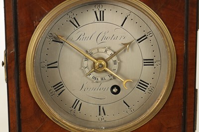 Lot 1100 - PAUL CHOTARD, LONDON. A GEORGE III MAHOGANY ENGLISH FUSEE MANTEL CLOCK WITH ALARM