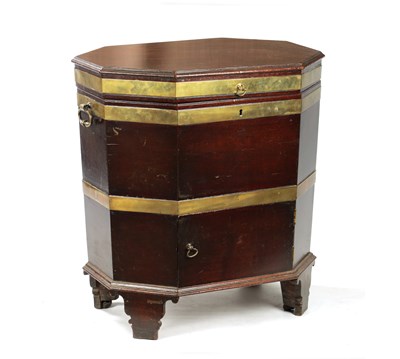 Lot 1324 - A RARE GEORGE III MAHOGANY OCTAGONAL TOP BRASS BOUND WINE COOLER
