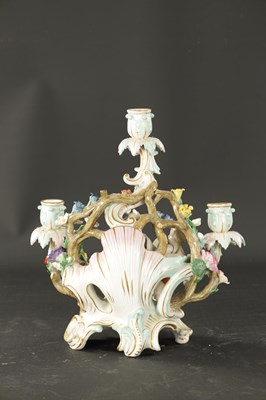 Lot 108 - A 19TH CENTURY MEISSEN THREE BRANCH FIGURAL CANDELABRA