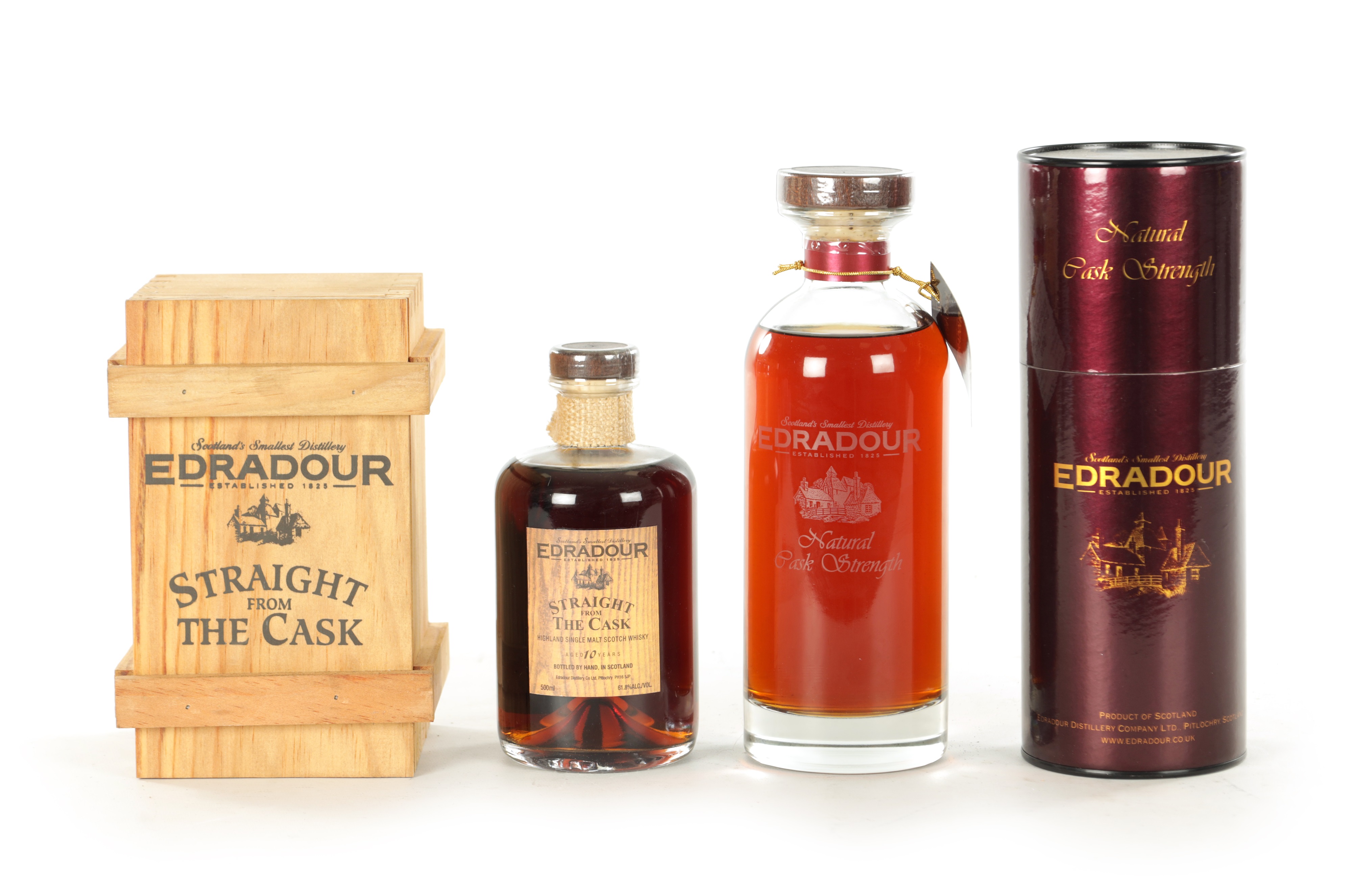 Two limited Edradour Highland single malt Scotch whisky bottles sold by Hutchinson Scott
