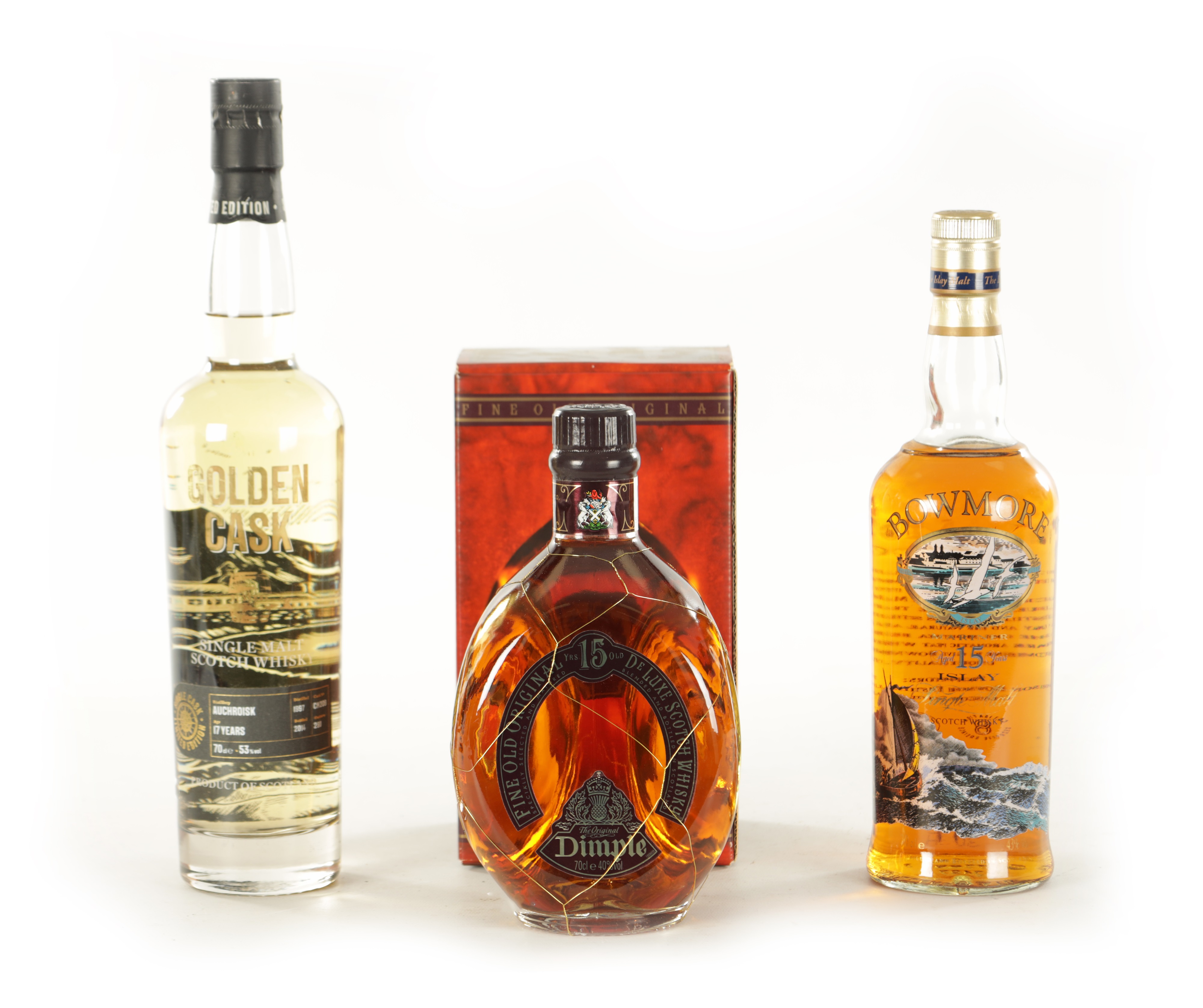 Bowmore, Golden Cask and Dimple whisky bottles sold by Hutchinson Scott