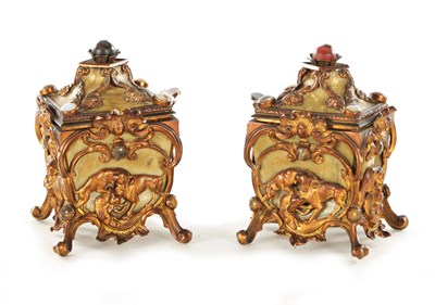 Lot 666 - A PAIR OF LATE 19TH CENTURY FRENCH GILT METAL AND MOTHER-OF-PEARL PANELLED CASKETS