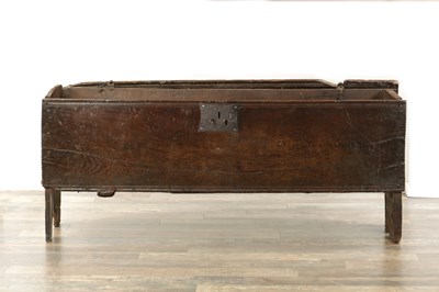 Lot 834 - A LARGE EARLY 17TH CENTURY OAK SIX PLANK COFFER