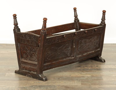 Lot 831 - A 17TH CENTURY WESTMORELAND JOINED OAK CRADLE