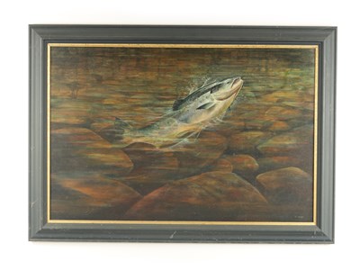 Lot 764 - CHRIS SHARP. AN OIL ON CANVAS ‘LEAPING SALMON’
