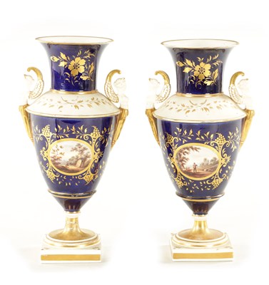 Lot 159 - A PAIR OF MID 19TH CENTURY ENGLISH PORCELAIN EMPIRE STYLE VASES