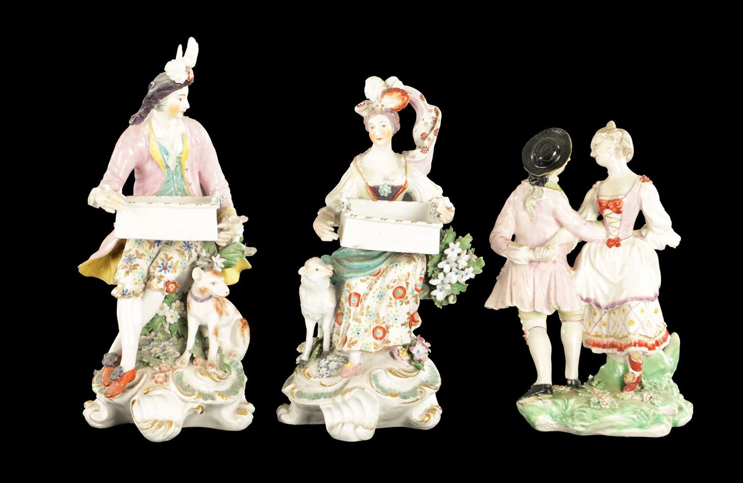 Lot 81 - A LATE 18TH CENTURY PAIR OF CHELSEA DERBY PORCELAIN FIGURES CARRYING BASKETS