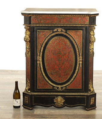 Lot 1308 - A 19TH CENTURY FRENCH EBONISED AND ORMOLU MOUNTED TORTOISESHELL AND BRASS INLAID BOULLE WORK SIDE CABINET