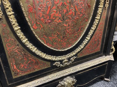 Lot 1308 - A 19TH CENTURY FRENCH EBONISED AND ORMOLU MOUNTED TORTOISESHELL AND BRASS INLAID BOULLE WORK SIDE CABINET